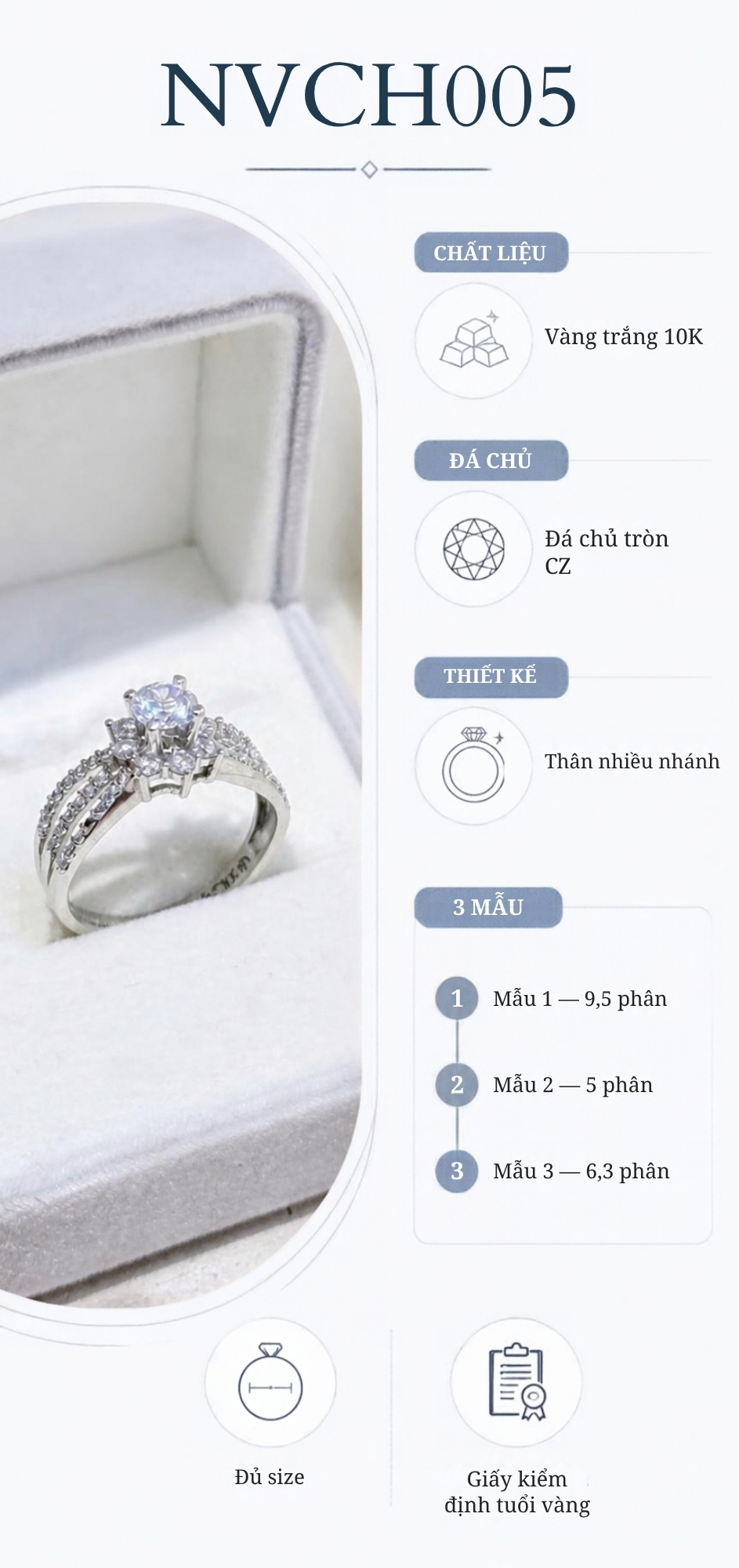 Infographic thông số nhẫn cầu hôn vàng trắng 10K NVCH005 gồm đá chủ tròn, thân nhiều nhánh và ba mẫu thiết kế