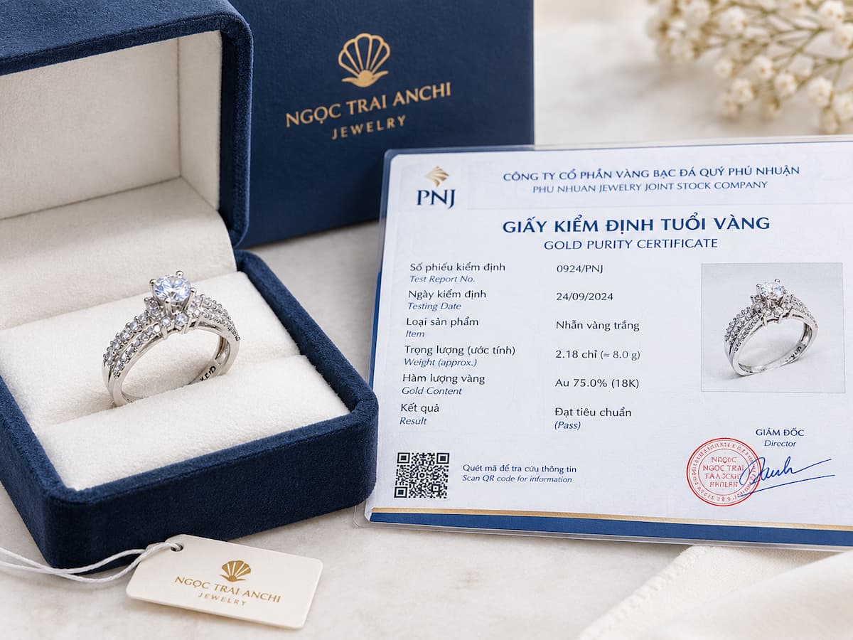 NVCH005 được kiểm tra thực tế cùng thông tin sản phẩm và giấy kiểm định tuổi vàng