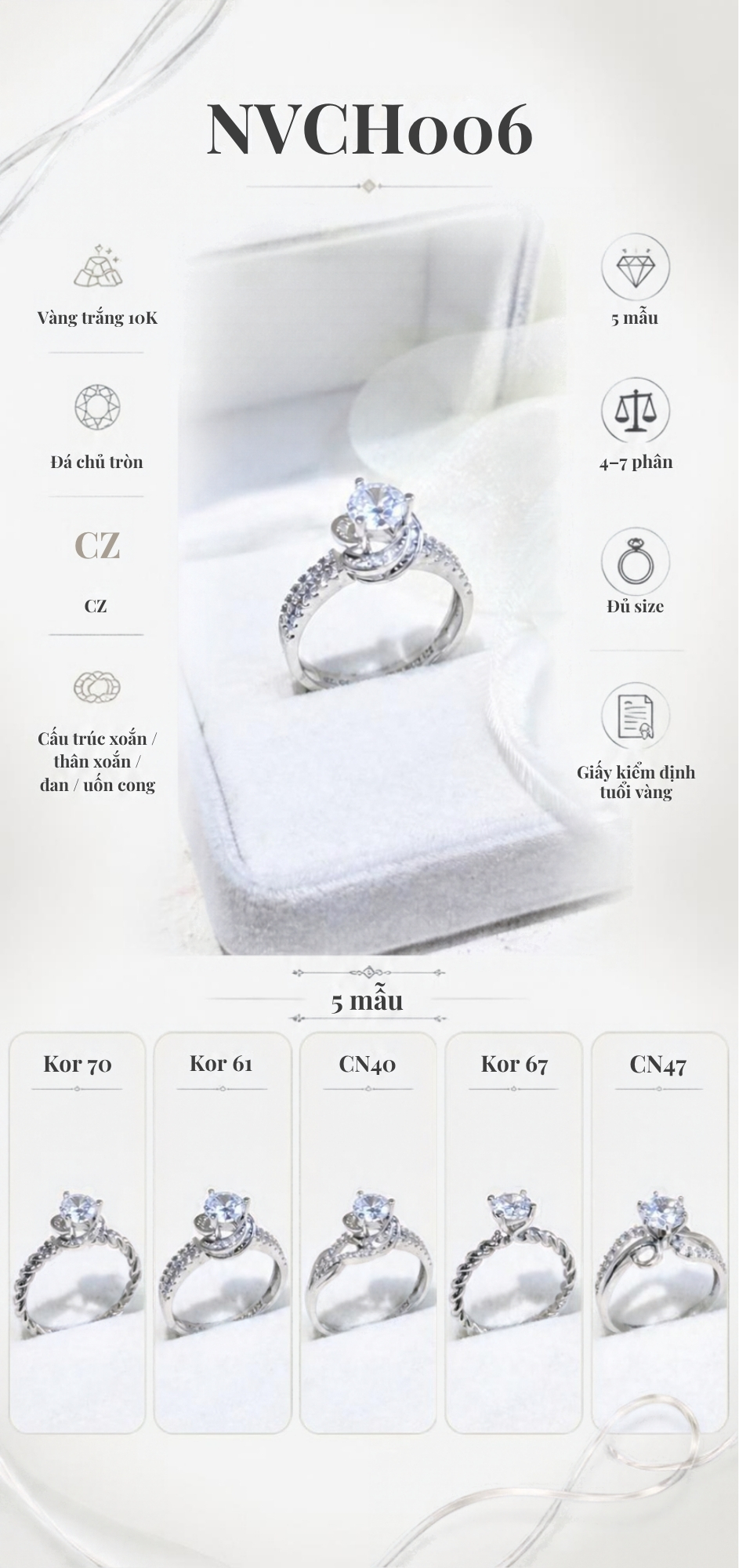 Infographic thông số nhẫn cầu hôn vàng trắng 10K NVCH006 gồm đá chủ tròn, CZ, thân xoắn và năm biến thể