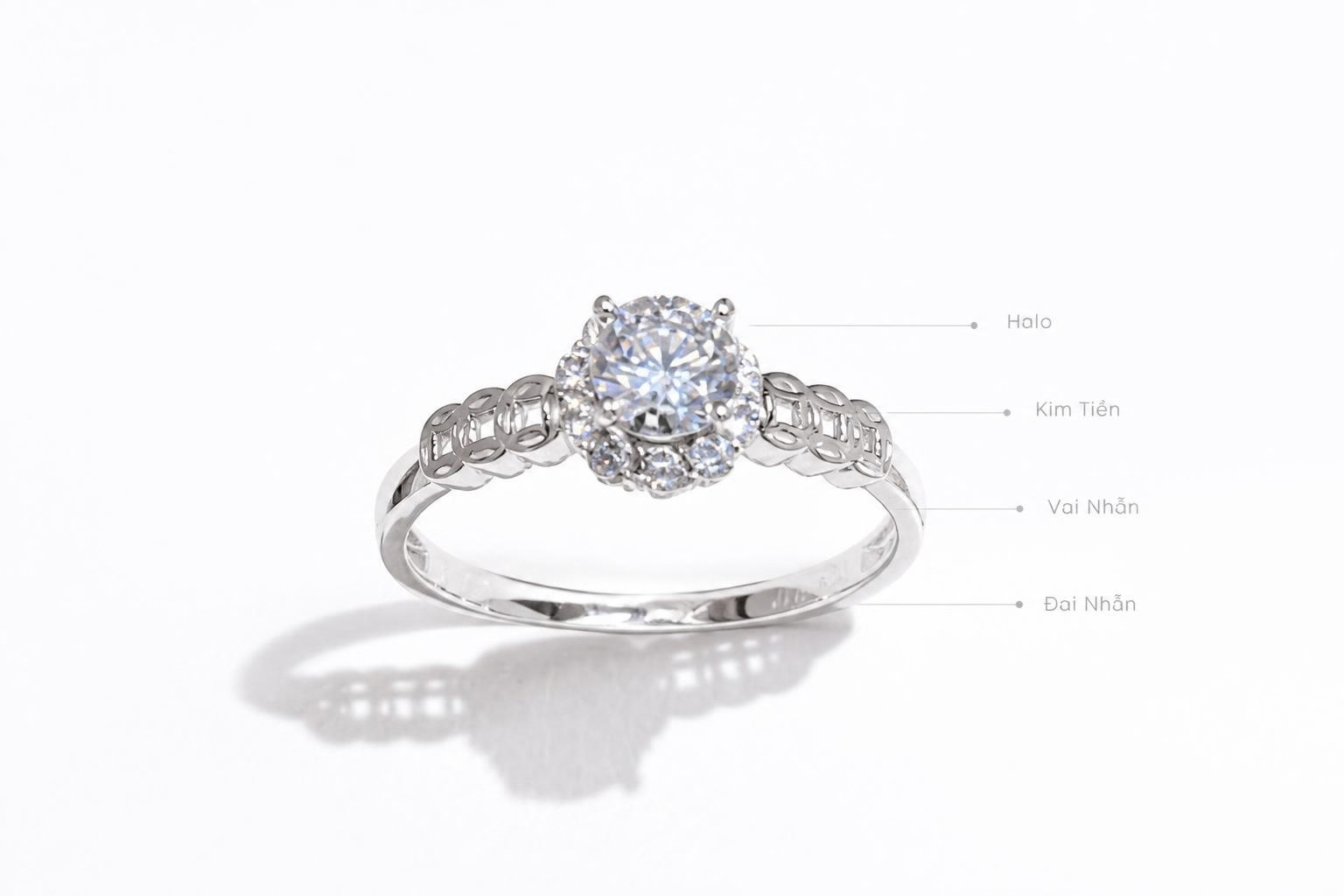NVCH007 Mẫu 2 cho thấy chuỗi kim tiền chuyển tiếp từ cụm Halo xuống phần vai nhẫn