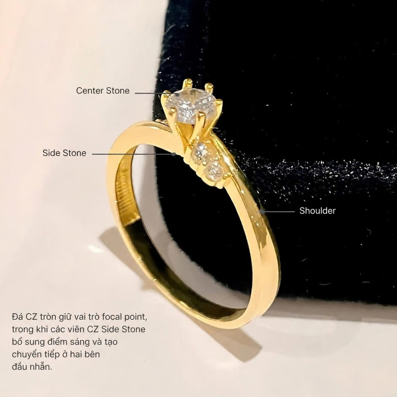 NVCH008 với đá chủ CZ tròn ở trung tâm và các viên CZ Side Stone tạo điểm sáng trên hai vai nhẫn