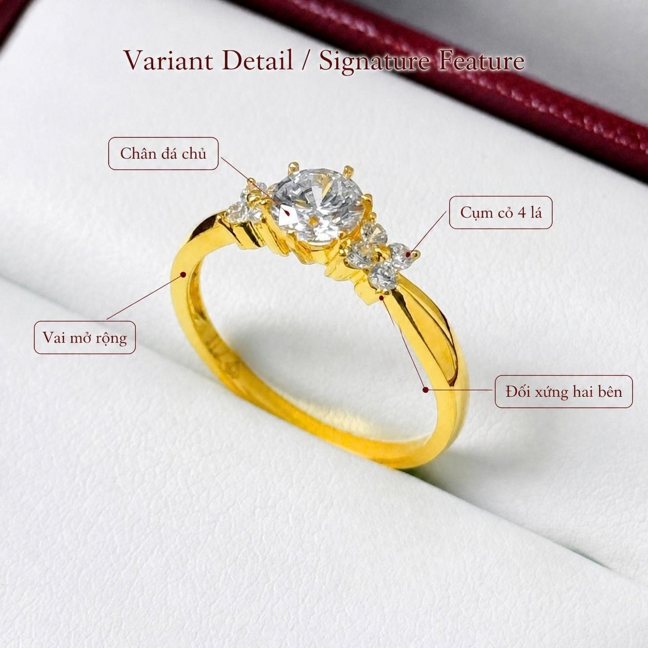 NVCH008 Mẫu 2 với cụm Side Stone hình cỏ 4 lá hai bên chân đá chủ và trọng lượng khoảng 4,2 phân