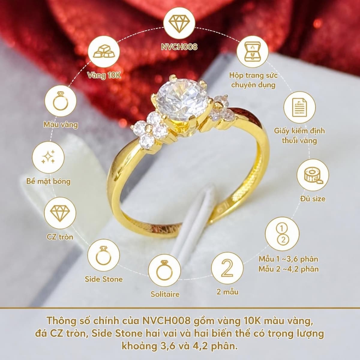 Infographic thông số NVCH008 gồm vàng 10K màu vàng, CZ tròn, Side Stone và hai mẫu thiết kế