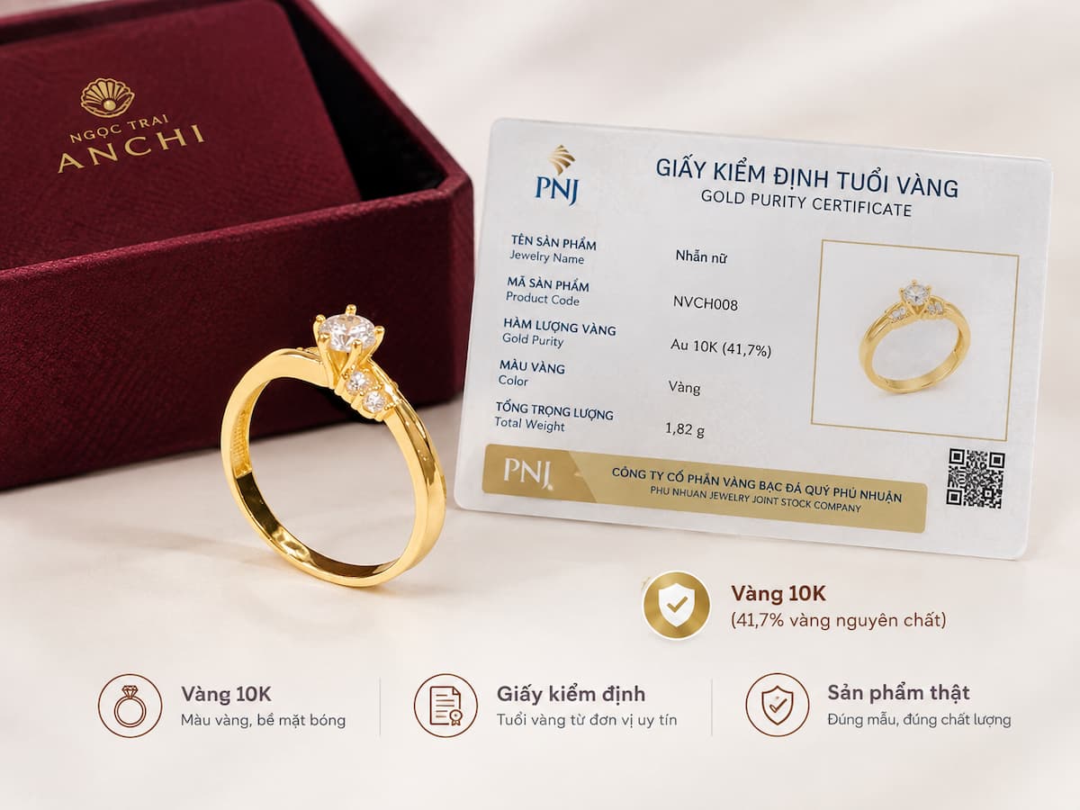 NVCH008 bằng vàng 10K màu vàng với bề mặt bóng và thông tin kiểm định tuổi vàng đi kèm sản phẩm