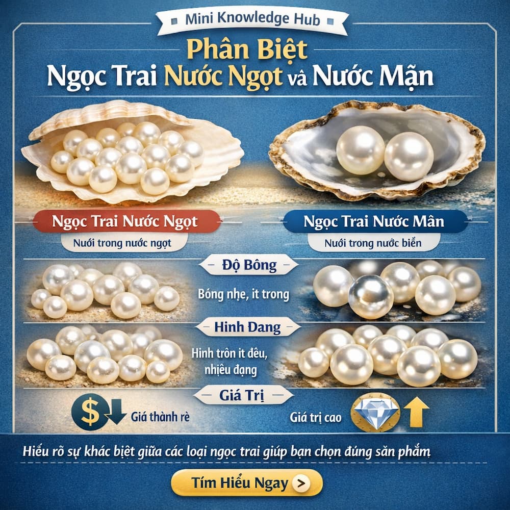 So sánh ngọc trai nước ngọt và ngọc trai nước mặn về độ bóng hình dạng và giá trị