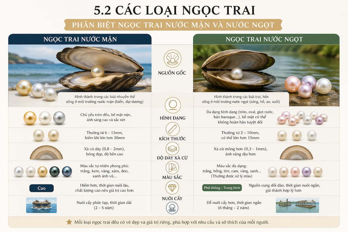 Phân biệt ngọc trai nước mặn và nước ngọt dựa trên đặc điểm và nguồn gốc