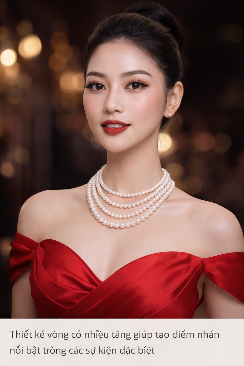 Phối vòng cổ ngọc trai nhiều tầng với váy dạ hội sang trọng