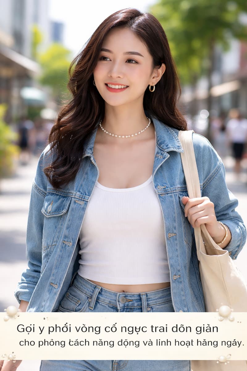 Phối vòng cổ ngọc trai choker phong cách thường ngày trẻ trung