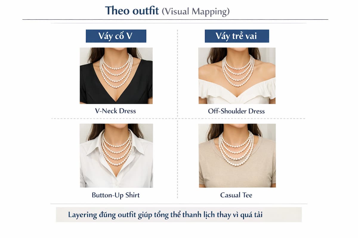 Cách phối vòng cổ ngọc trai nhiều tầng với váy cổ V trễ vai và outfit đơn giản