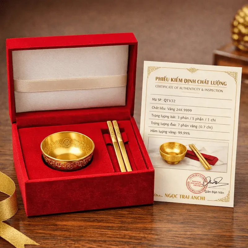 Hộp quà tiêu chuẩn và phiếu kiểm định kèm bộ bát đũa vàng QTV32