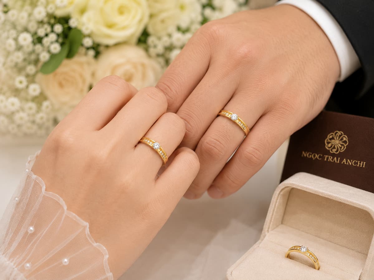 Ảnh thực tế cặp nhẫn cưới vàng 10K đính đá NVCD110 của khách hàng Anh Tâm và Chị Lan Anh