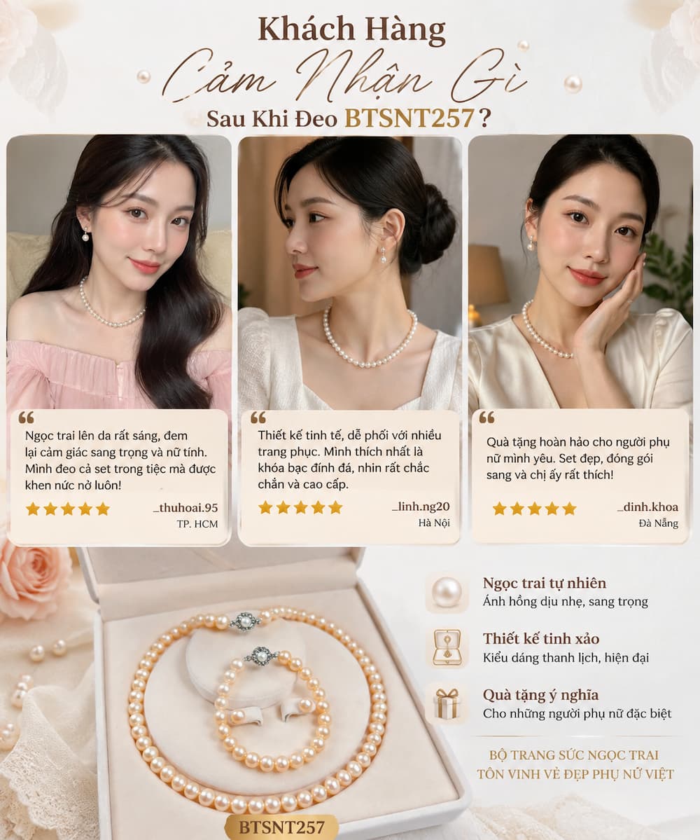 Khách hàng đeo Bộ Trang Sức Ngọc Trai Màu Hồng BTSNT257 với outfit feminine luxury mềm và sang hơn