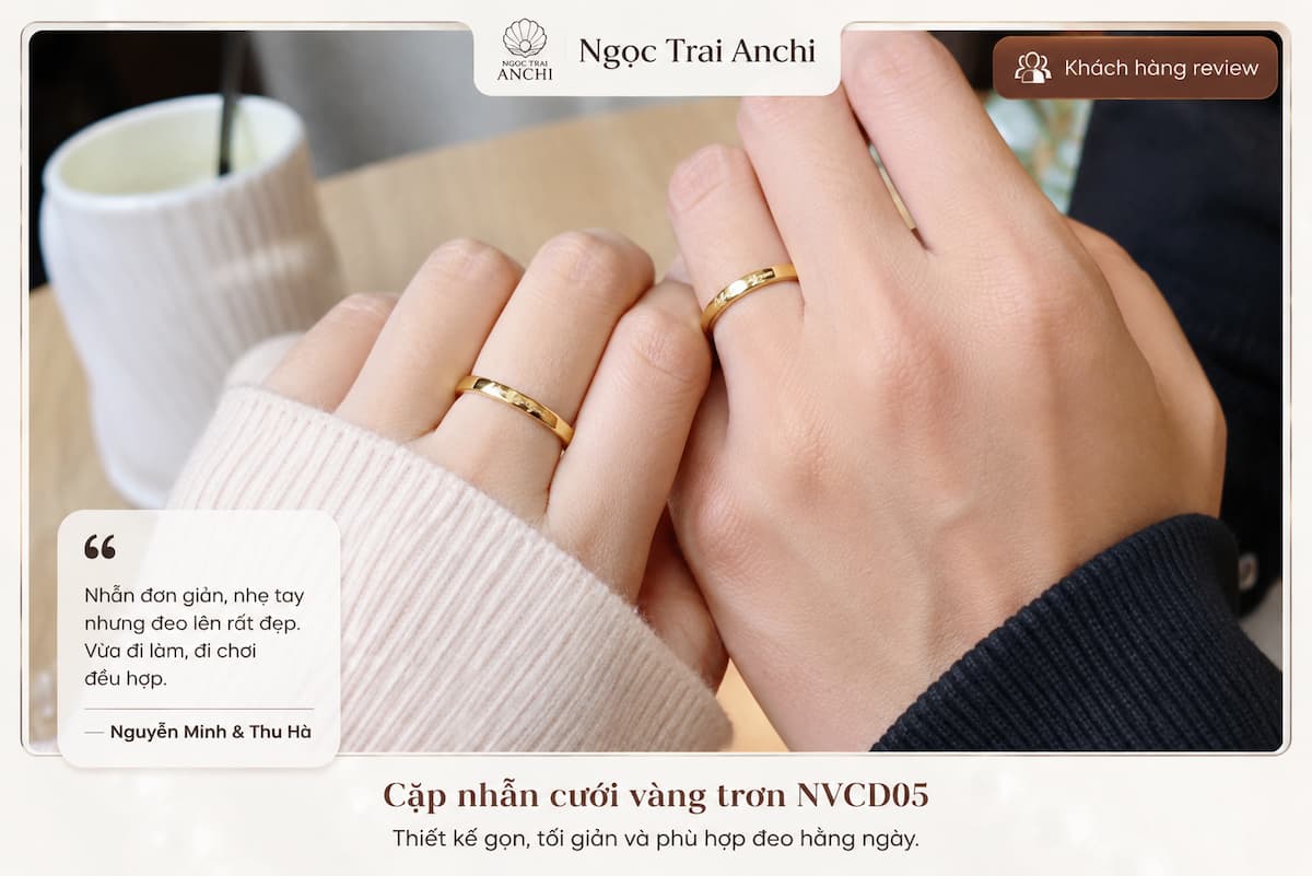 Cặp nhẫn cưới vàng trơn NVCD05 của khách hàng Nguyễn Minh và Thu Hà