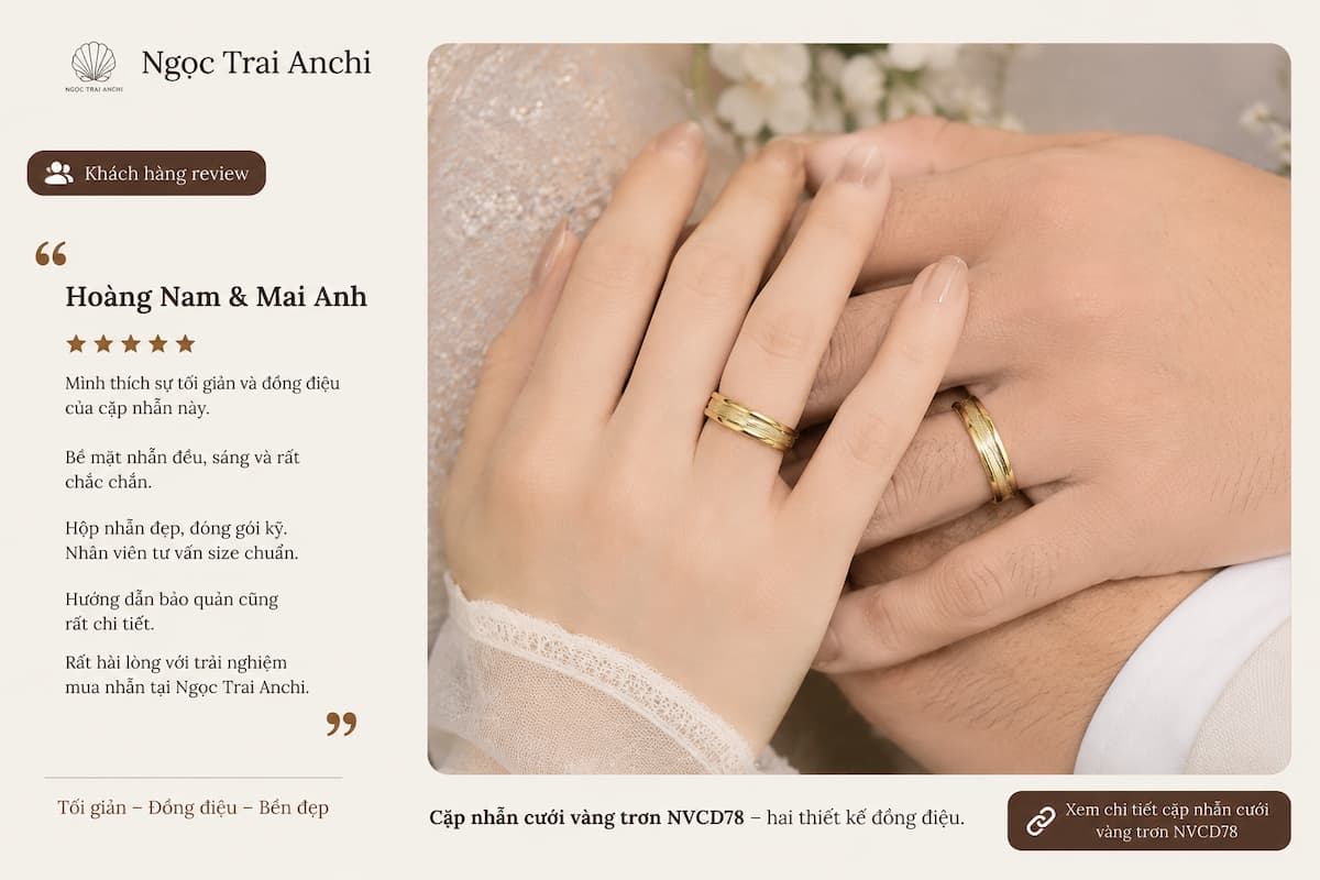 Cặp nhẫn cưới vàng trơn NVCD78 đồng điệu cho Hoàng Nam và Mai Anh