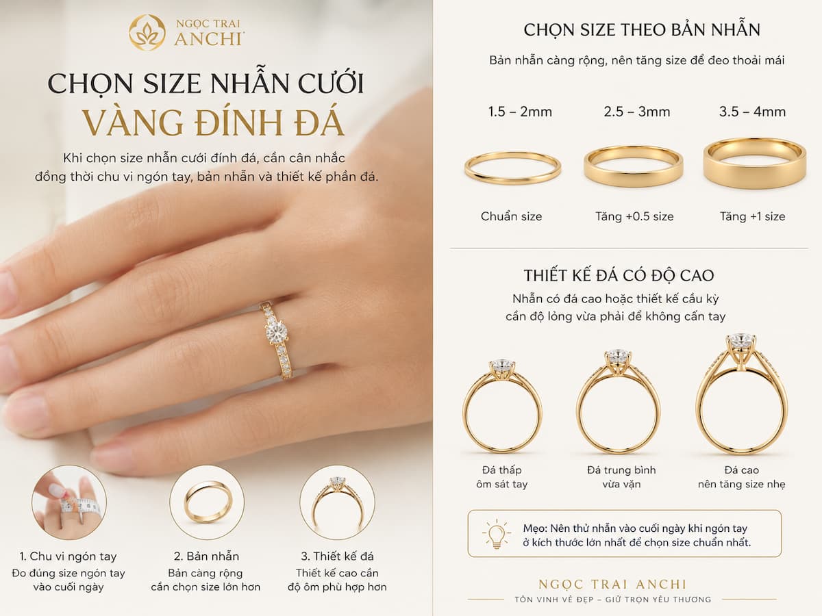 Cách lựa chọn size nhẫn cưới vàng đính đá theo ngón tay và bản nhẫn