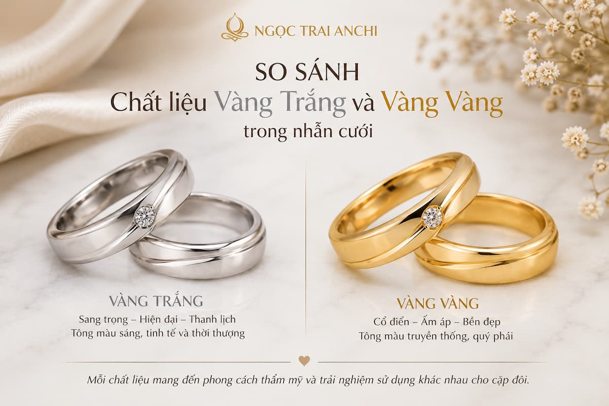 So sánh màu sắc và đặc điểm của vàng trắng và vàng vàng dùng trong chế tác nhẫn cưới
