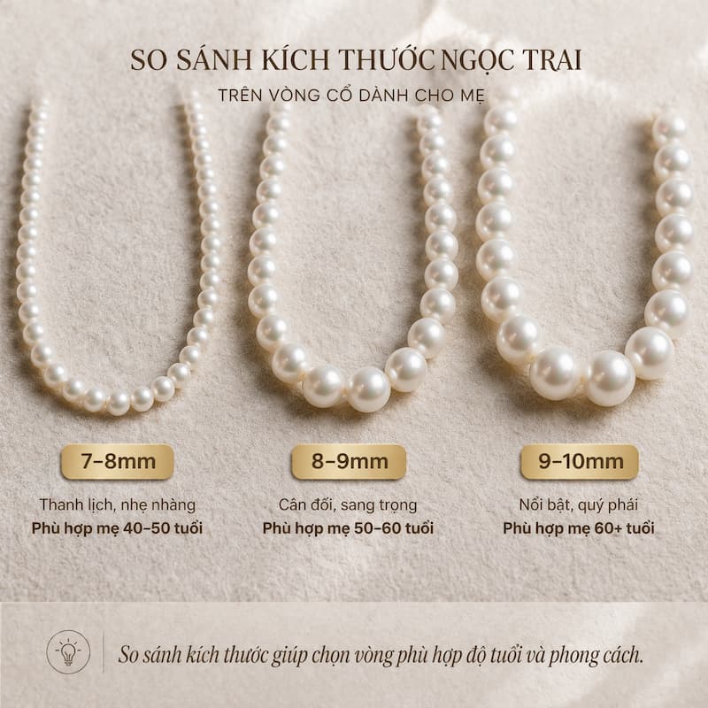 so sánh kích thước ngọc trai 7mm 9mm 10mm trên vòng cổ cho mẹ