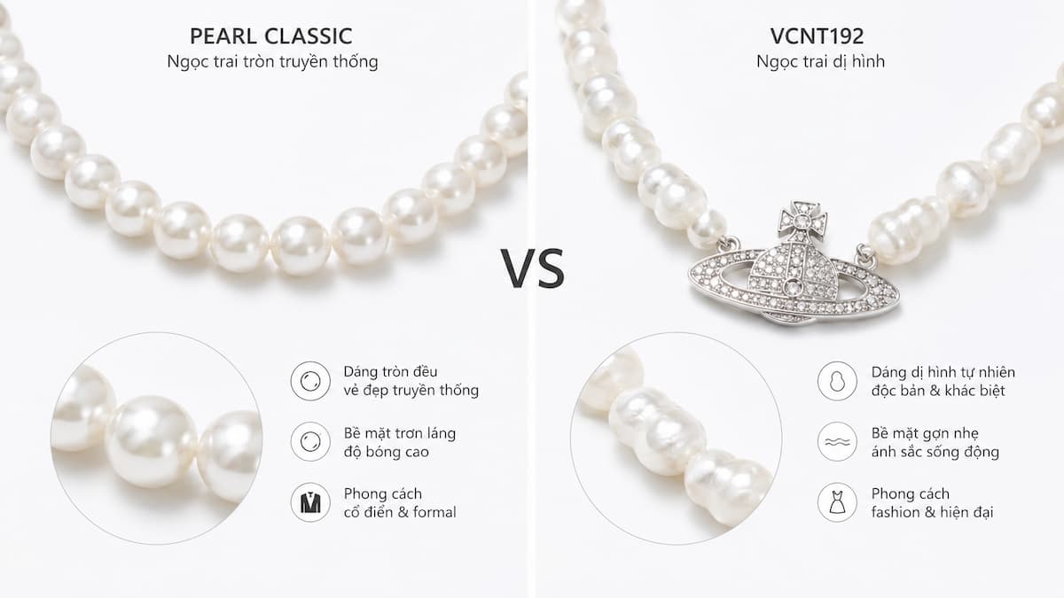 So sánh ngọc trai dị hình của vòng cổ VCNT192 với ngọc trai tròn truyền thống