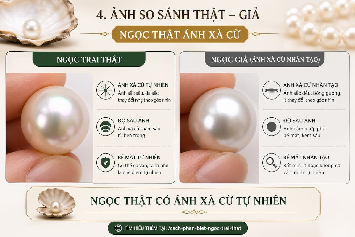 So sánh ngọc trai thật BTSNT04 và ngọc giả ánh xà cừ
