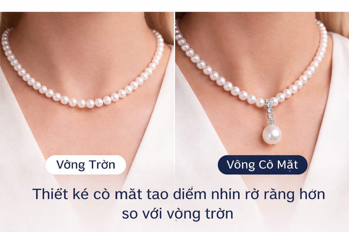 So sánh vòng cổ ngọc trai có mặt và vòng cổ trơn về điểm nhấn thị giác