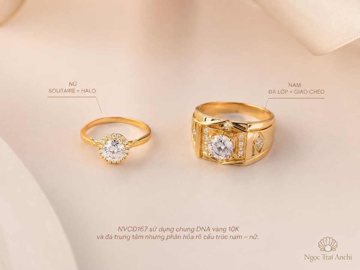 Thiết kế NVCD167 gồm nhẫn nữ Solitaire Halo và nhẫn nam đa lớp với đường vàng giao chéo