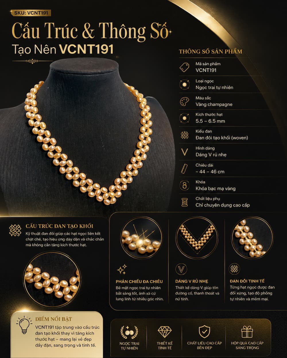 Thông số cấu trúc và chất liệu của vòng cổ ngọc trai VCNT191