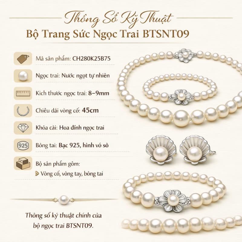 Thông số kỹ thuật của bộ trang sức ngọc trai BTSNT09