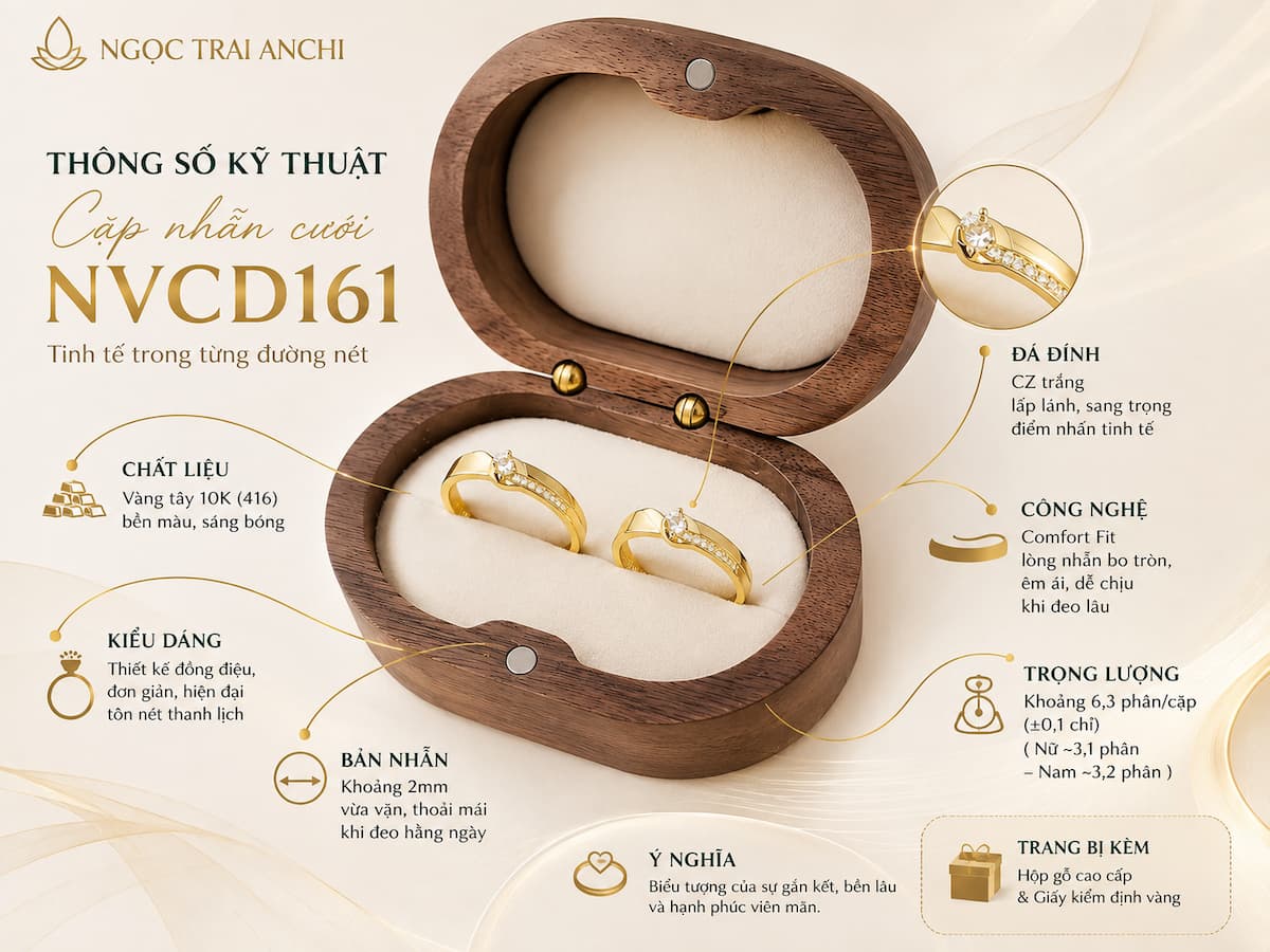 Thông số kỹ thuật cặp nhẫn cưới vàng tây 10K NVCD161 bản 2mm và Comfort Fit