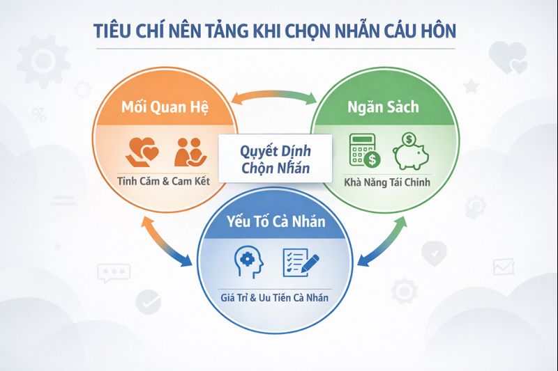 Các tiêu chí nền tảng gồm mối quan hệ, ngân sách và yếu tố cá nhân khi chọn nhẫn cầu hôn