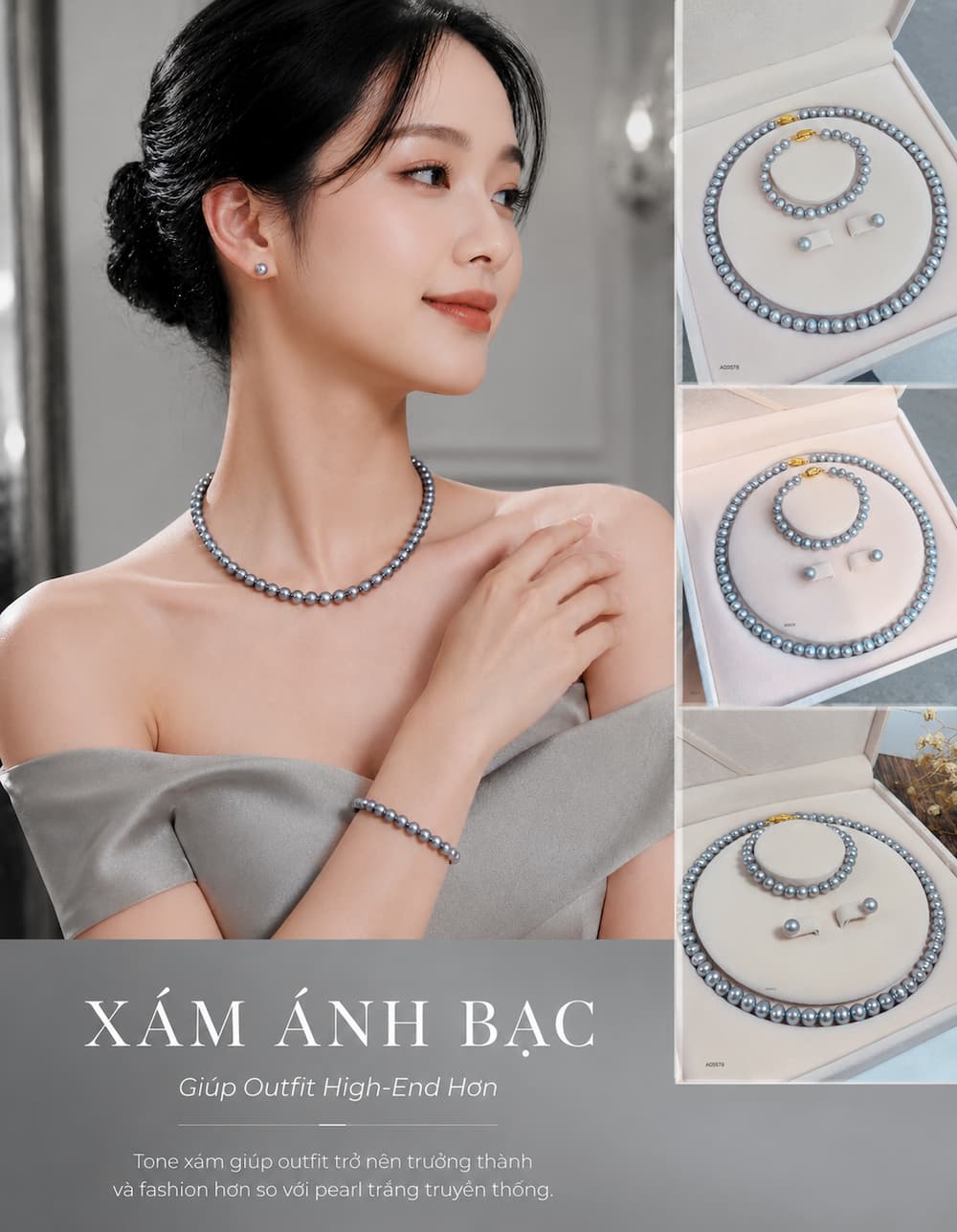 Ngọc trai xám BTSNT255 tạo hiệu ứng high-end trên outfit monochrome hiện đại