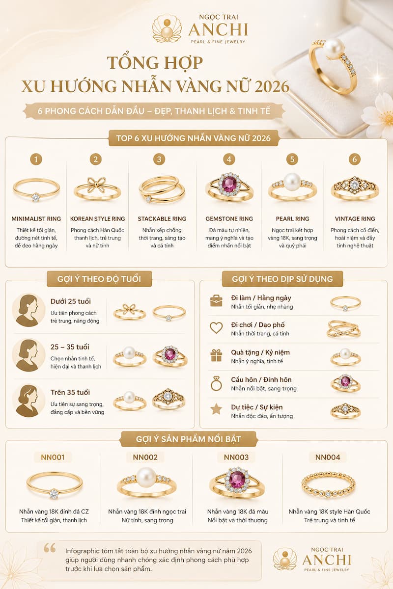 Infographic tổng hợp các xu hướng nhẫn vàng nữ nổi bật năm 2026 theo phong cách độ tuổi và nhu cầu sử dụng