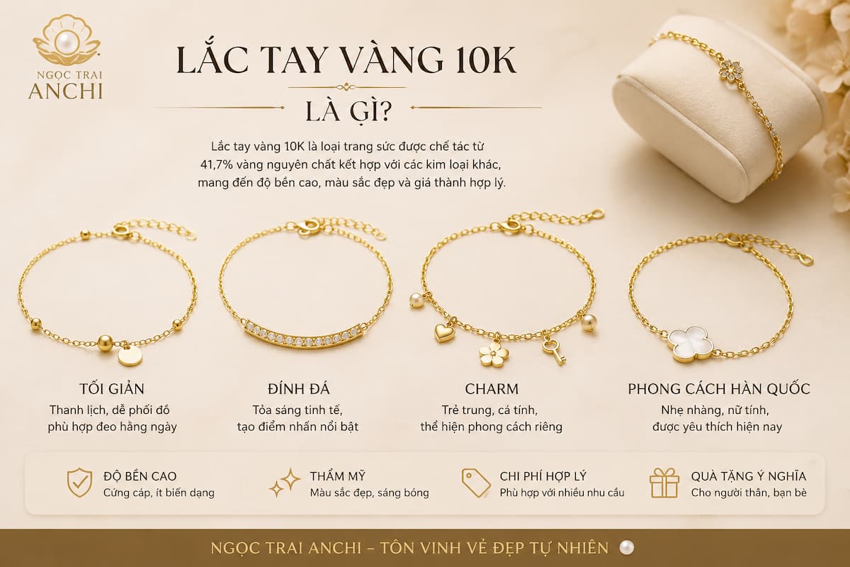 Tổng quan lắc tay vàng 10K với nhiều kiểu dáng từ tối giản đến đính đá dành cho nữ