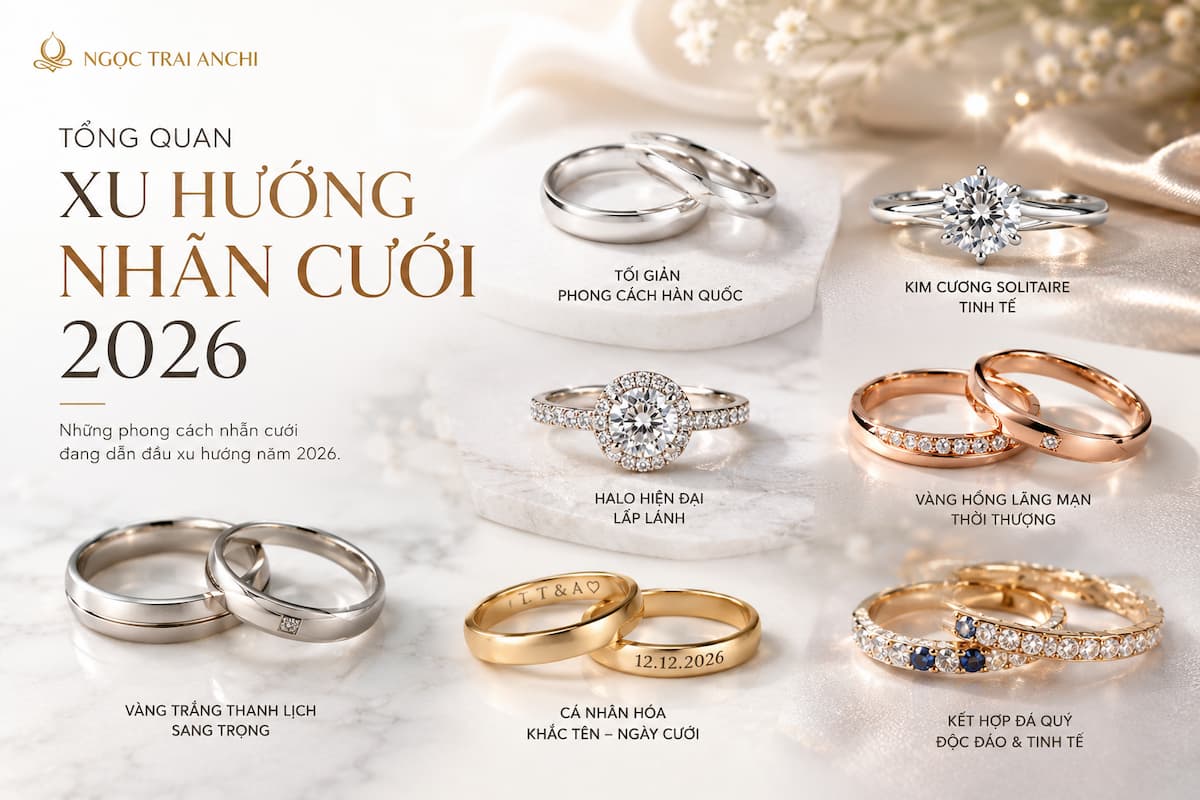 Tổng quan các xu hướng nhẫn cưới 2026 gồm tối giản Hàn Quốc kim cương và cá nhân hóa