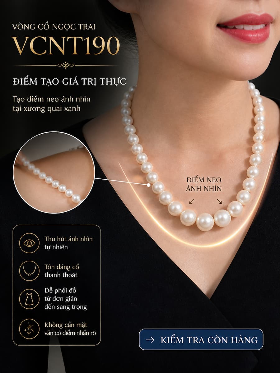 Vòng cổ ngọc trai VCNT190 tạo điểm neo ánh nhìn tại xương quai xanh