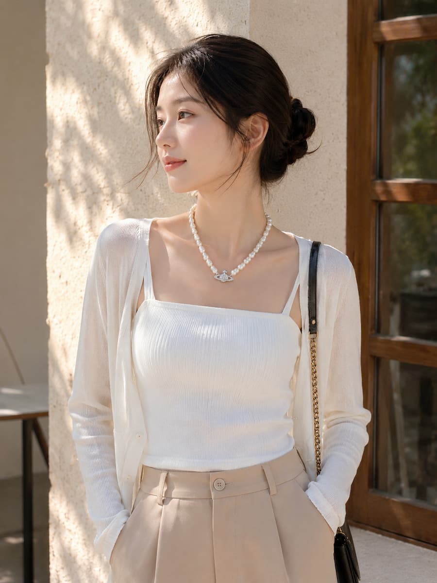 Vòng cổ ngọc trai VCNT192 phối outfit tối giản theo phong cách Korean fashion