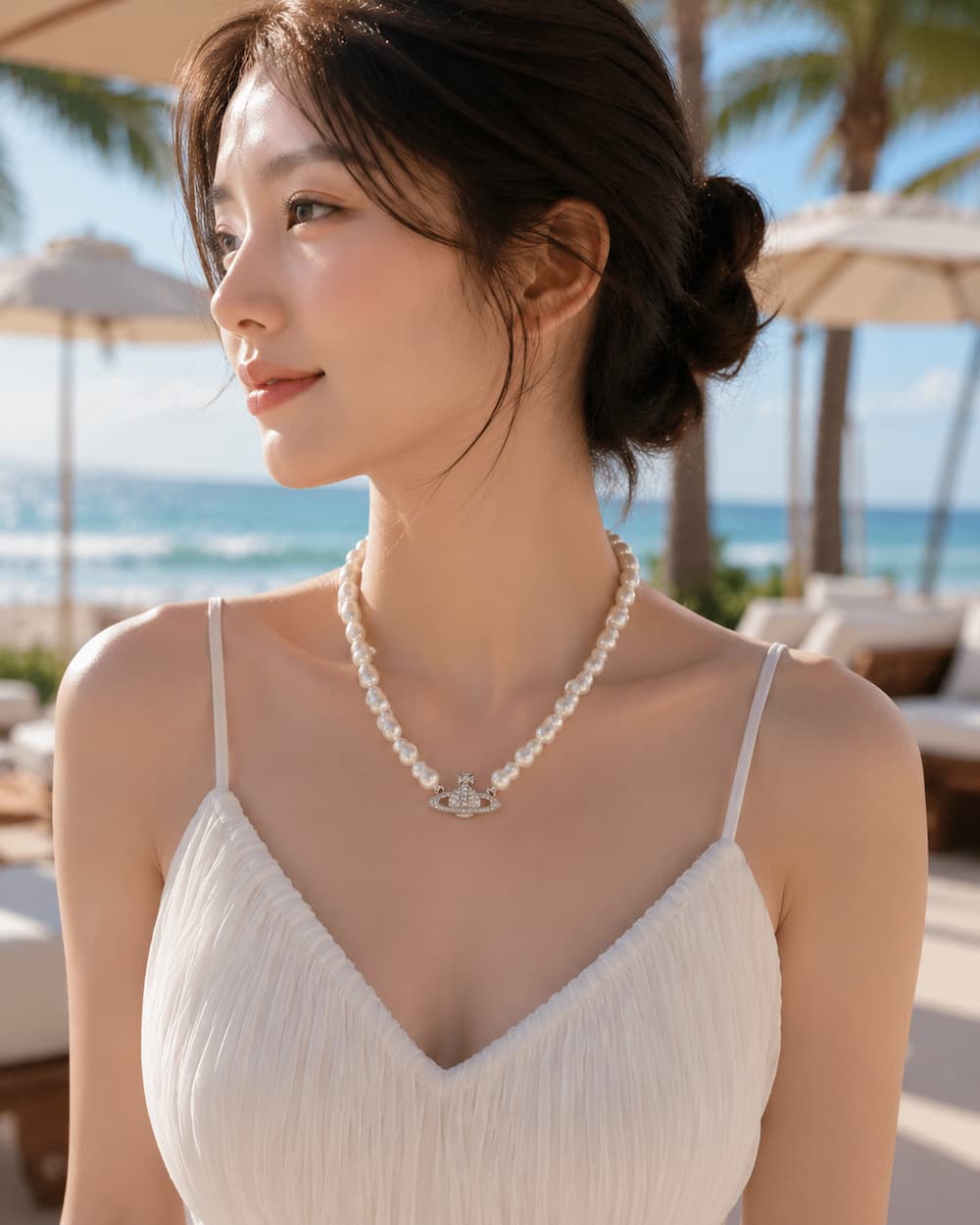 Vòng cổ ngọc trai dị VCNT192 phối váy trắng phong cách resort hiện đại