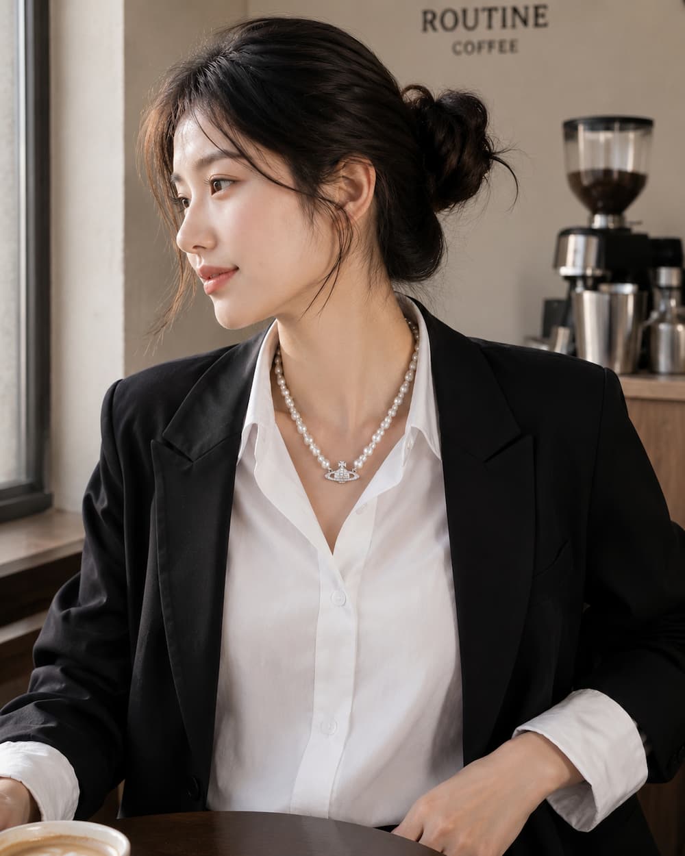 Vòng cổ ngọc trai VCNT192 phối sơ mi trắng theo phong cách Korean fashion