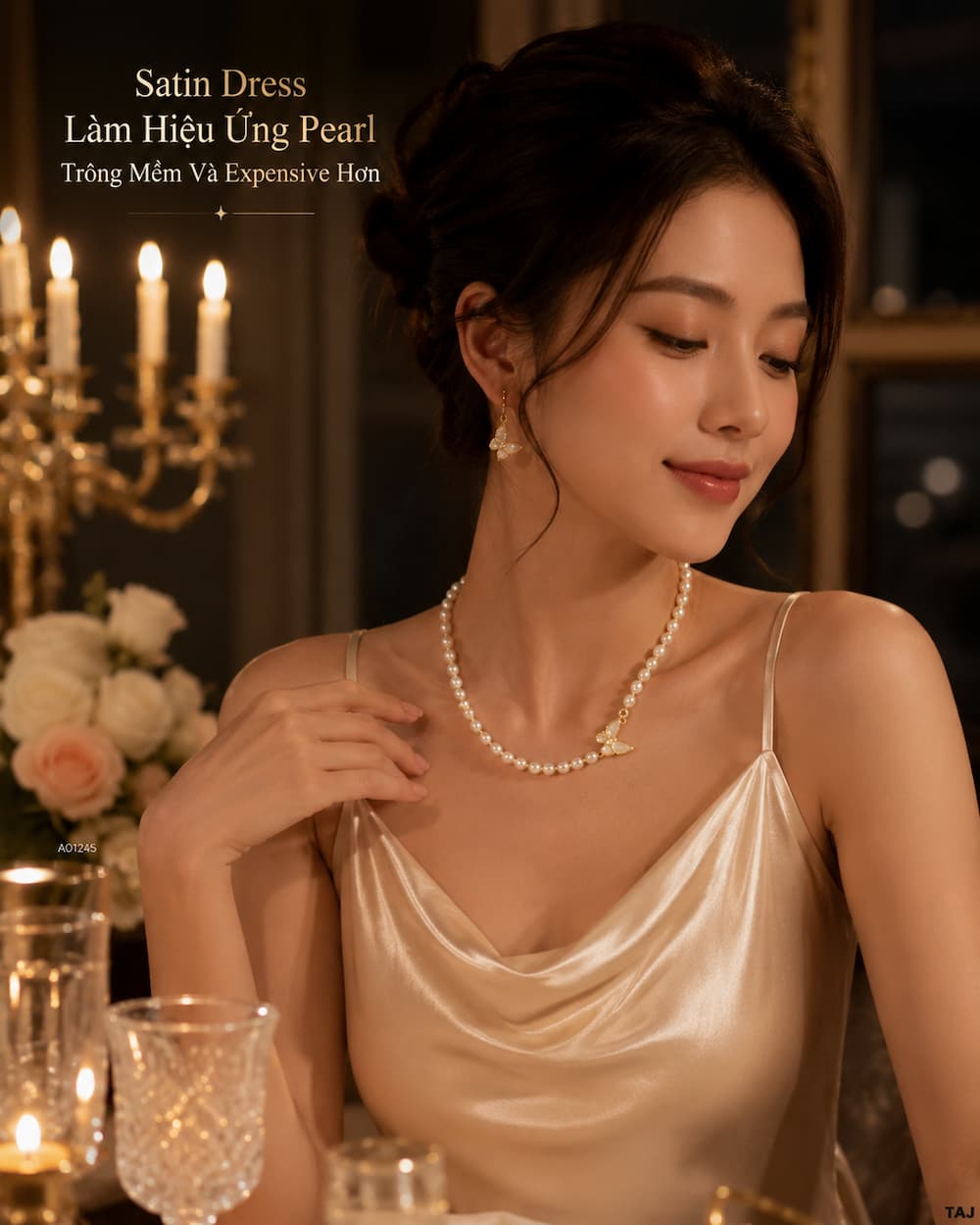 Vòng cổ ngọc trai VCNT195 phối satin slip dress phong cách romantic luxury