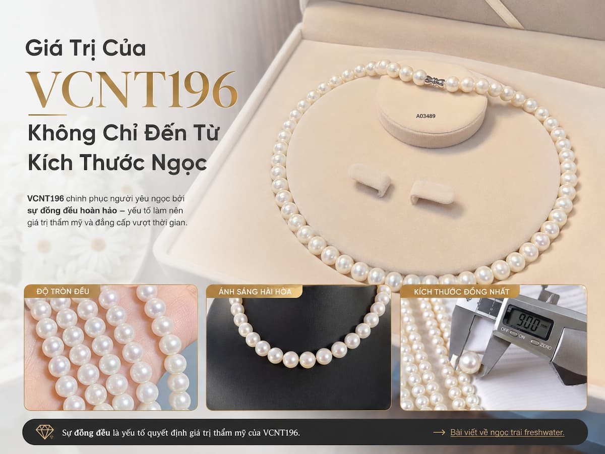 Vòng Cổ Ngọc Trai VCNT196 thể hiện độ đồng đều của chuỗi ngọc trai 8–9mm