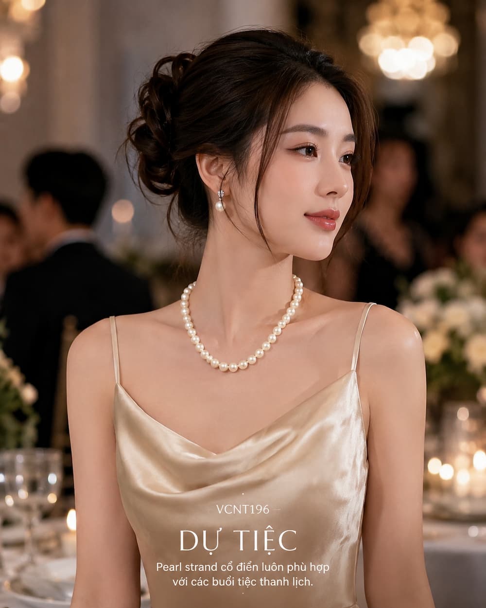 Vòng Cổ Ngọc Trai VCNT196 kết hợp đầm satin dự tiệc sang trọng