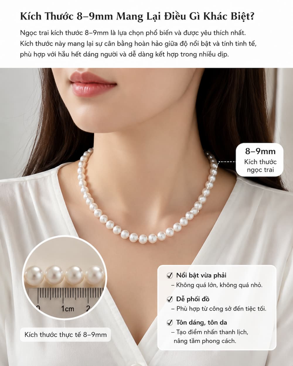 Vòng Cổ Ngọc Trai VCNT196 kích thước ngọc trai 8–9mm nổi bật nhưng vẫn thanh lịch