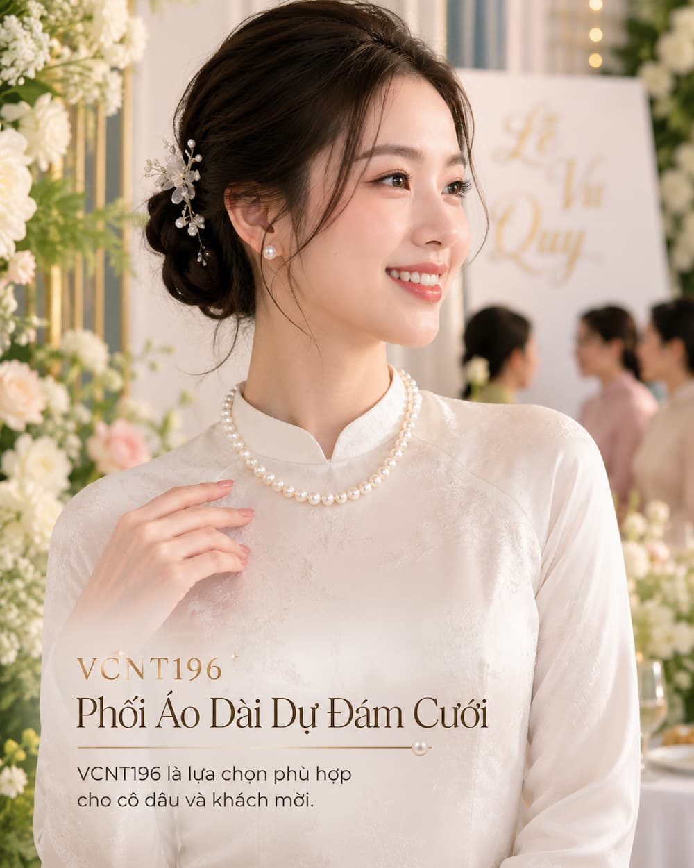 Vòng Cổ Ngọc Trai VCNT196 phối áo dài truyền thống trong lễ cưới