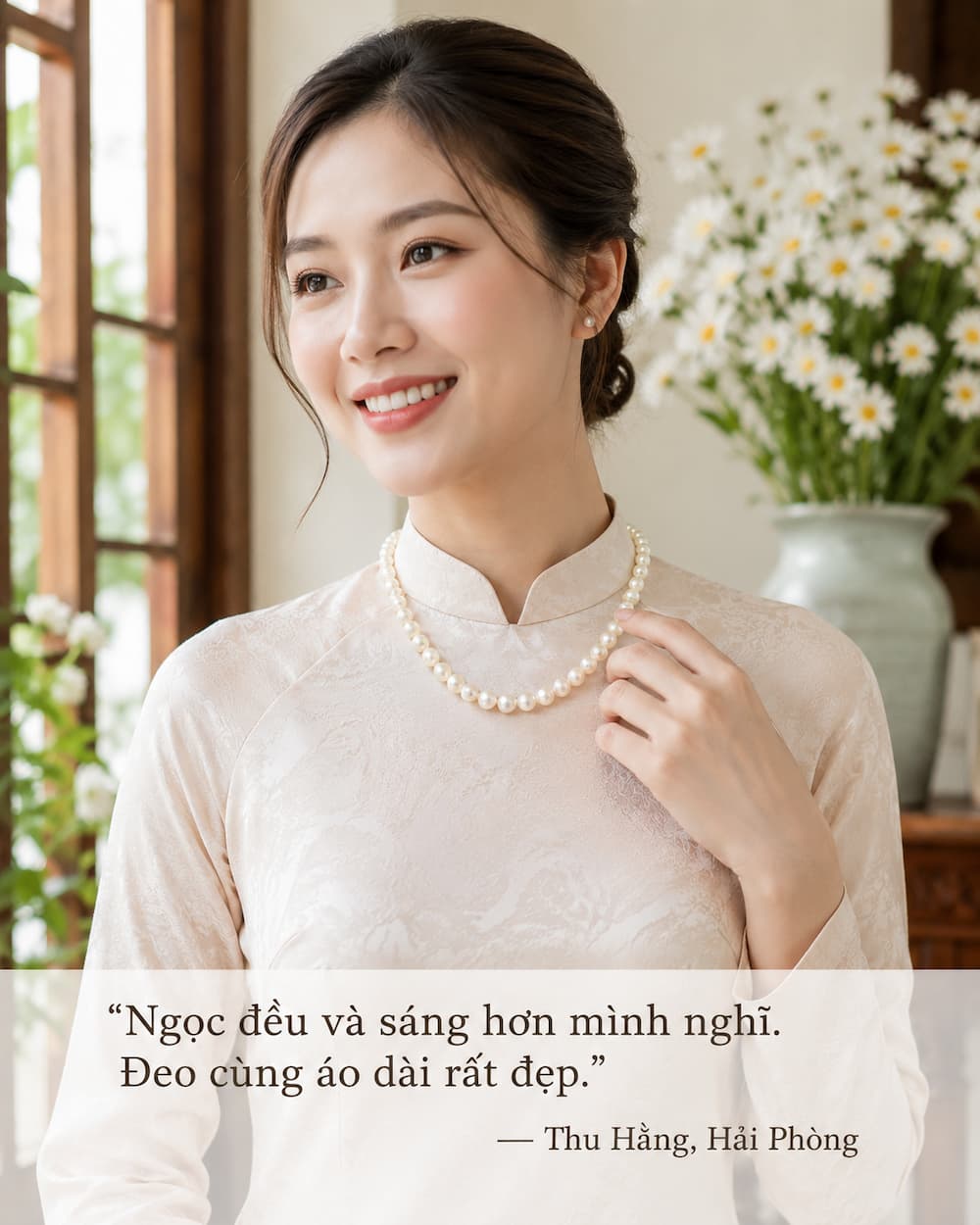 Khách hàng Thu Hằng Hải Phòng đeo Vòng Cổ Ngọc Trai VCNT197 cùng áo dài truyền thống