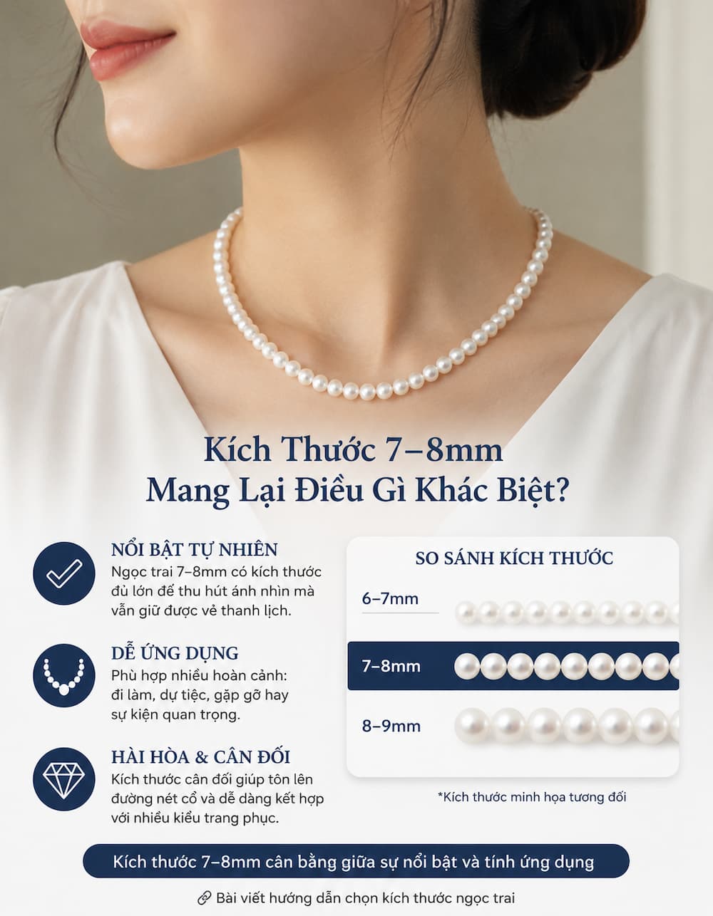 Kích thước ngọc trai 7–8mm trên Vòng Cổ Ngọc Trai VCNT197 khi đeo thực tế