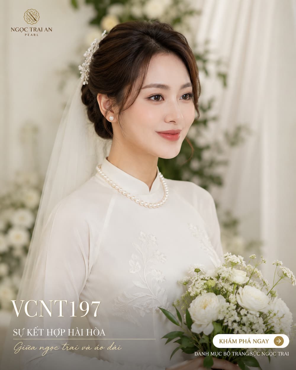 Vòng Cổ Ngọc Trai VCNT197 phối áo dài cưới truyền thống