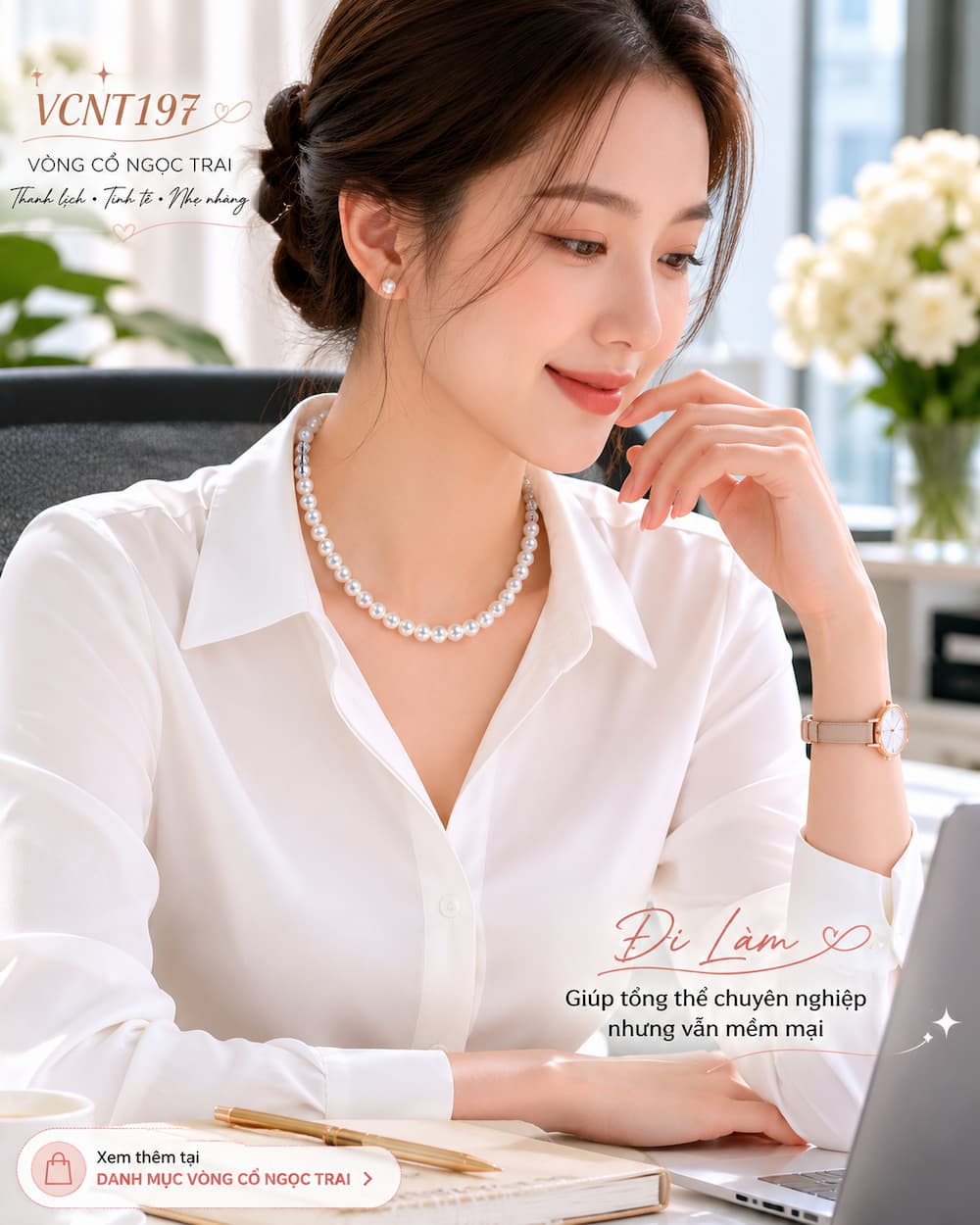 Vòng Cổ Ngọc Trai VCNT197 phối áo sơ mi công sở thanh lịch