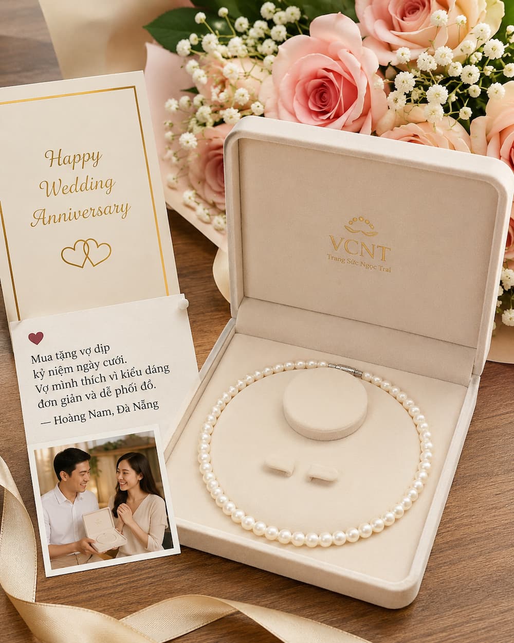 Vòng Cổ Ngọc Trai VCNT197 quà tặng kỷ niệm ngày cưới từ khách hàng Hoàng Nam Đà Nẵng