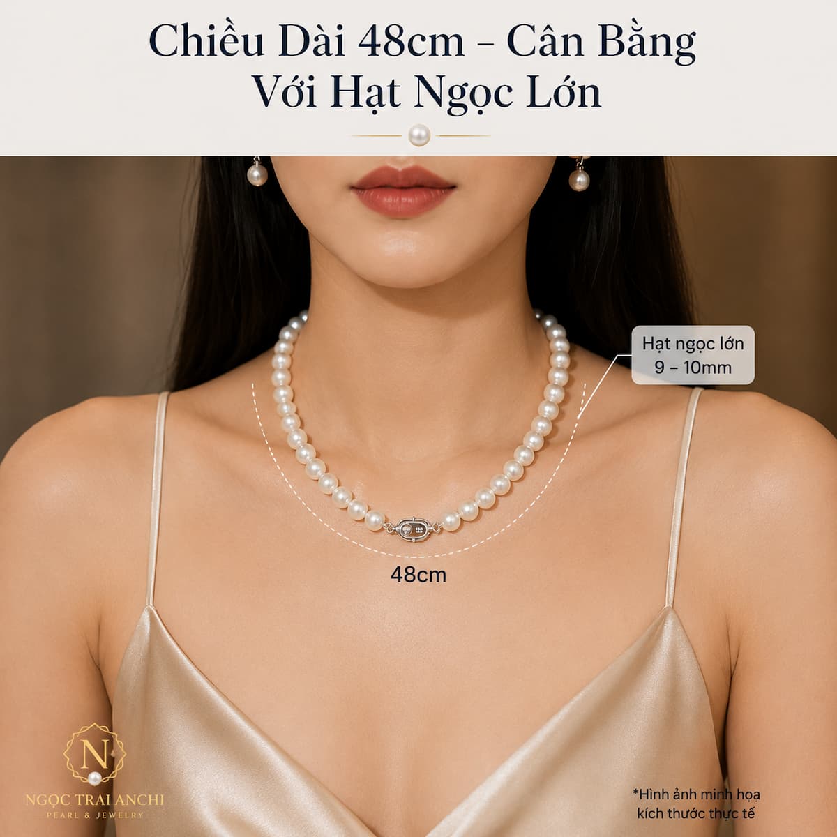 Vòng Cổ Ngọc Trai VCNT198 chiều dài 48cm khi đeo thực tế