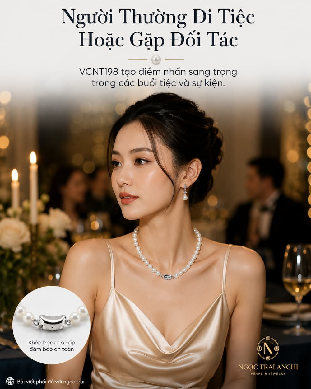 Vòng Cổ Ngọc Trai VCNT198 phối cùng váy satin trong tiệc tối
