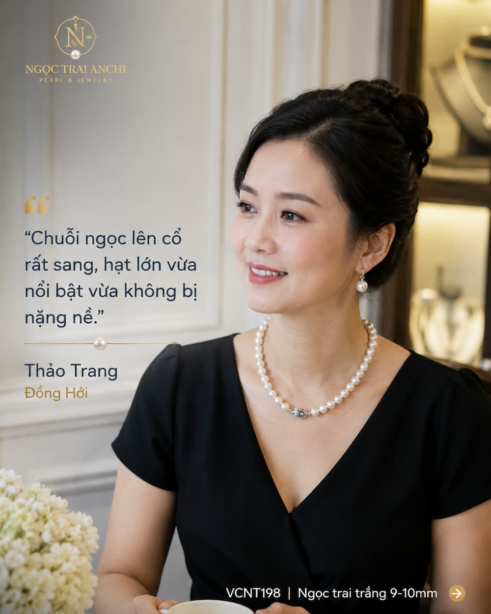 Khách hàng Thảo Trang Đồng Hới đeo Vòng Cổ Ngọc Trai VCNT198 chuỗi ngọc trai trắng 9-10mm sang trọng